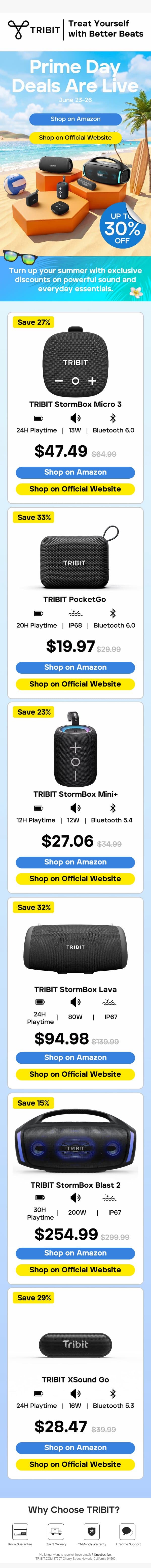 🔥 TRIBIT Prime Day Is Live: Save Up to 30% OFF email from Tribit screenshot