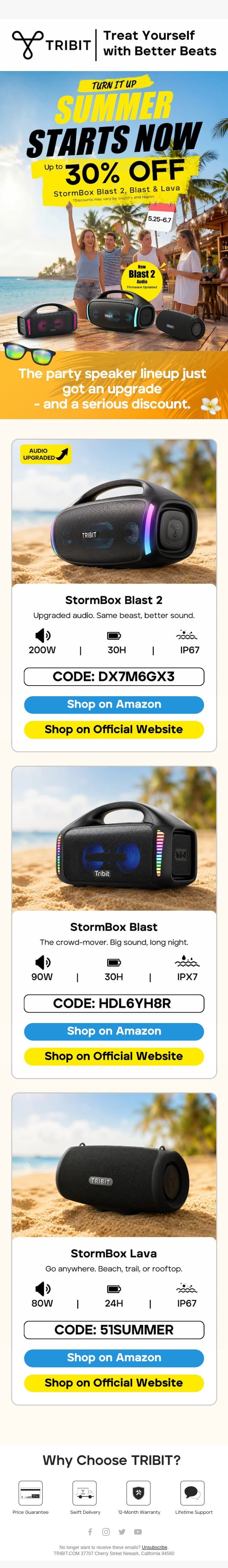 TRIBIT StormBox Blast 2 Firmware Upgrade — Up to 30% OFF Summer Event 🔥 email from Tribit screenshot
