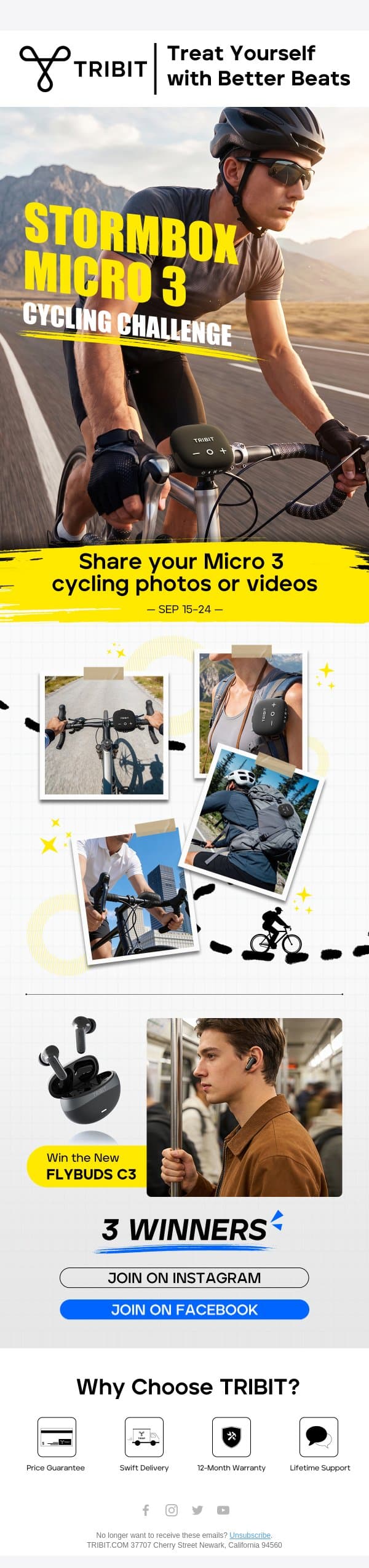 Your Ride Could Win You FlyBuds C3 🚴🎧 email from Tribit screenshot