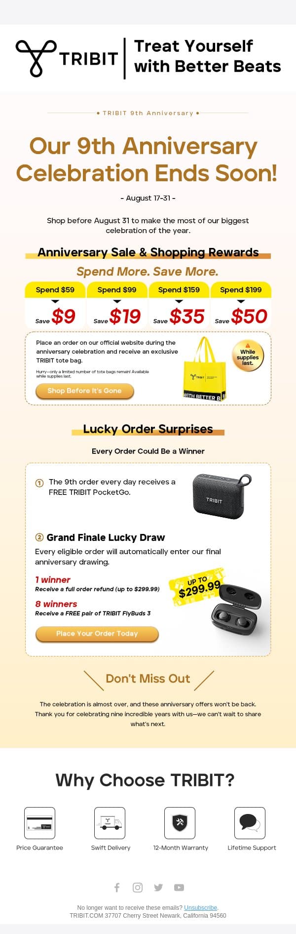 TRIBIT 9th Anniversary: Last Chance to Get Your Order FREE—Ends Aug 31! email from Tribit screenshot