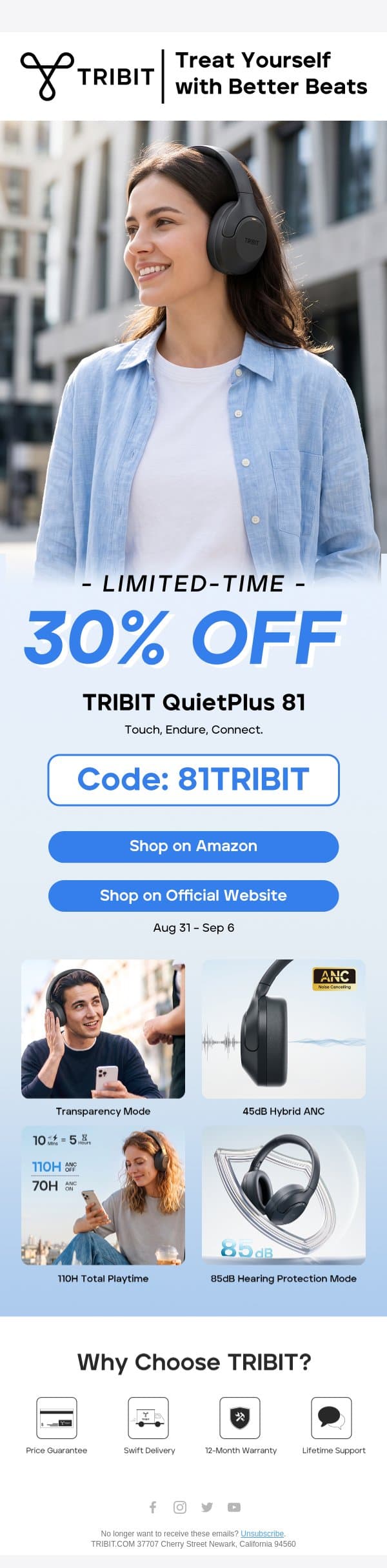 Limited-Time Deal: 30% OFF QuietPlus 81 Headphones 🎧 email from Tribit screenshot