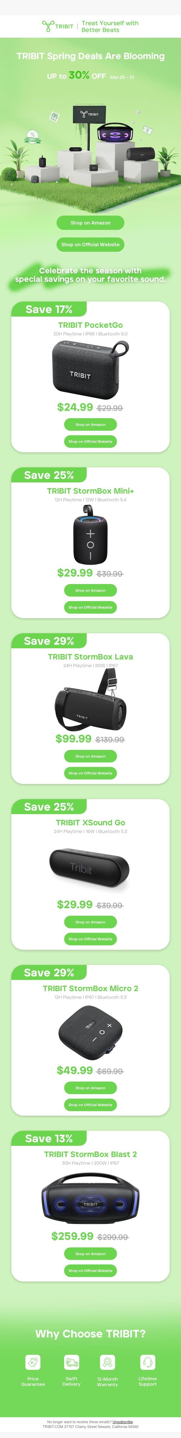 The TRIBIT Spring Sale Starts Now 🌼 – Up to 30% OFF email from Tribit screenshot