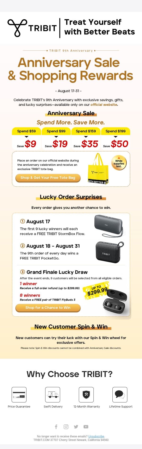 TRIBIT Turns 9 — Deals, Free Gifts & More Chances to Win 🎉 email from Tribit screenshot