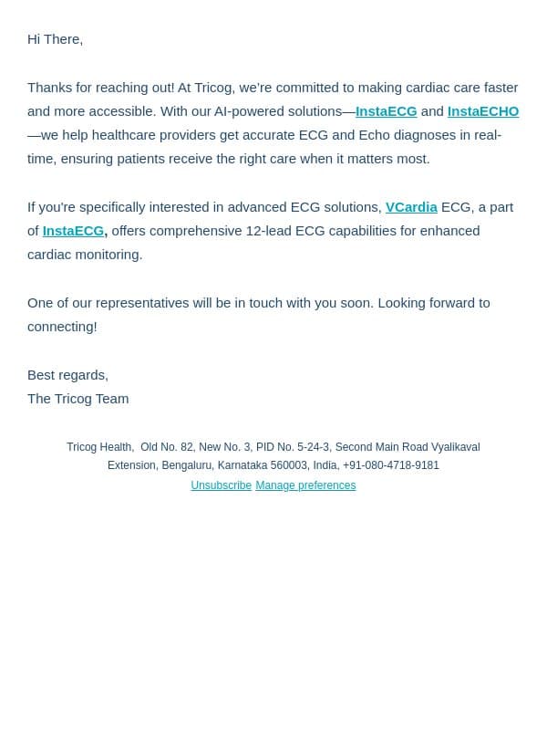 Thank You for Your Interest in Tricog email from Tricog screenshot