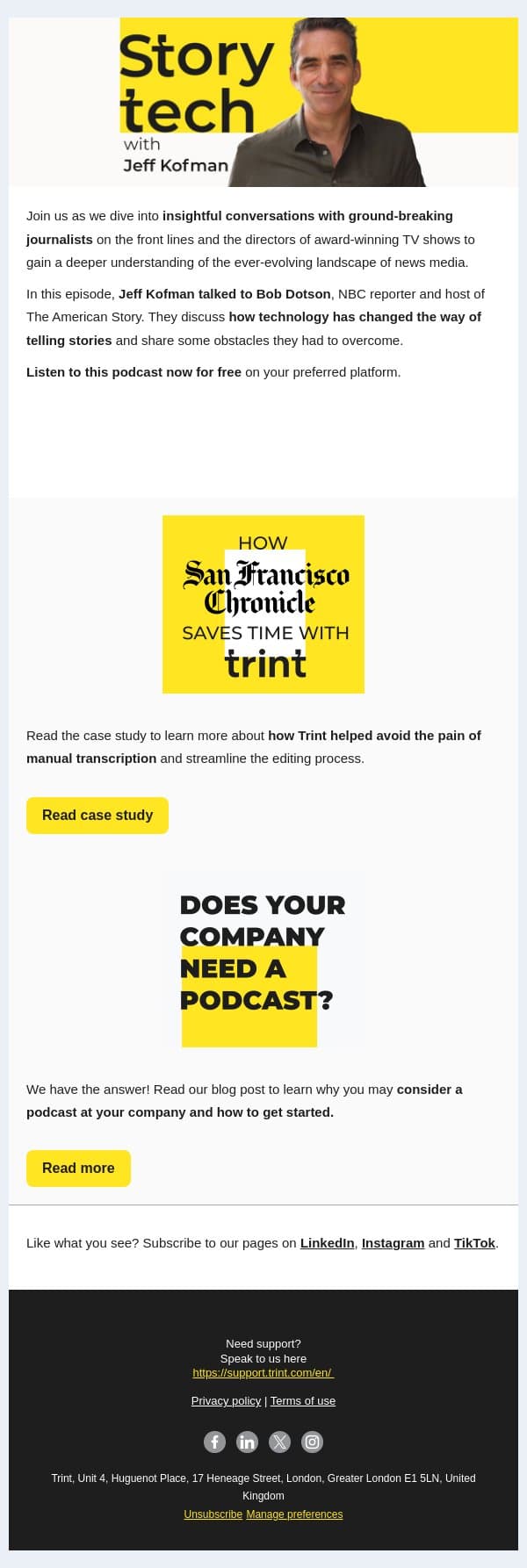 How tech has changed journalism email from Trint screenshot