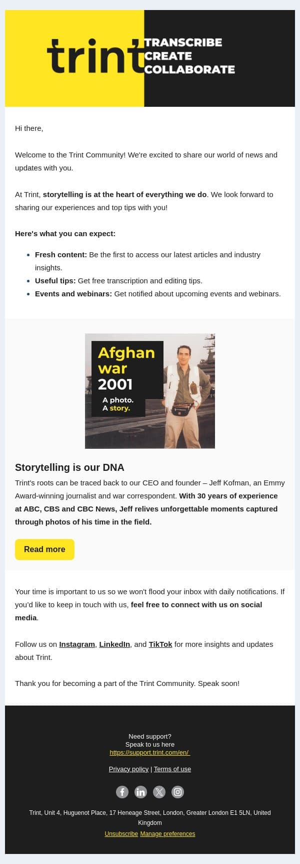 Your Trint newsletter subscription is confirmed! email from Trint screenshot