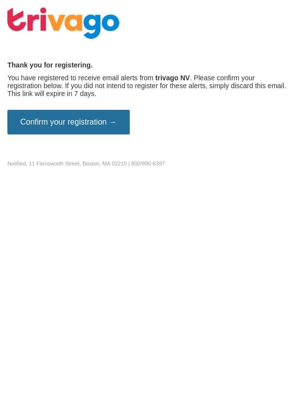 Please confirm your email alert subscriptions for trivago NV email from Trivago screenshot