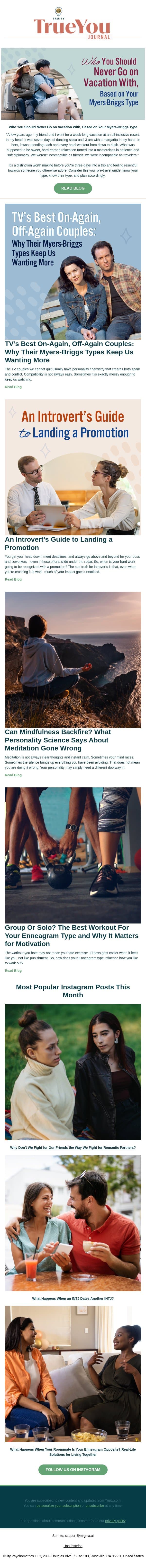 Who You Should Never Go on Vacation With, Based on Your Myers-Briggs Type email from Truity screenshot