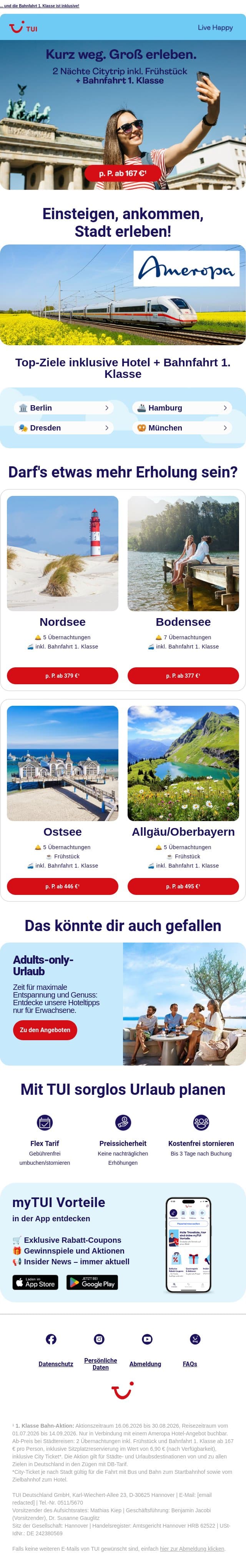 🚅 Ab 167 €¹ – diese Kurzurlaube sind besonders begehrt email from TUI screenshot