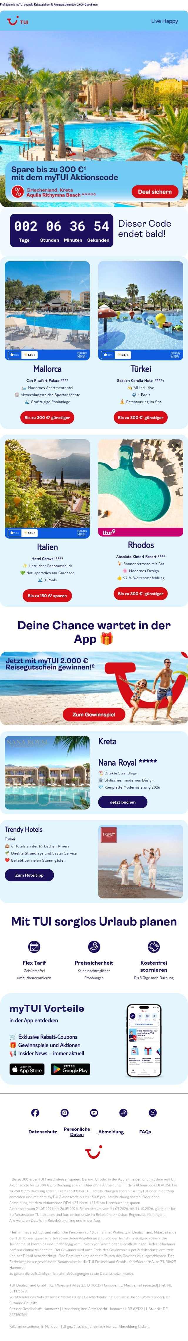 Mit dem Aktionscode bis zu 300 €¹ bei deinem nächsten Trip sparen 💸 email from TUI screenshot