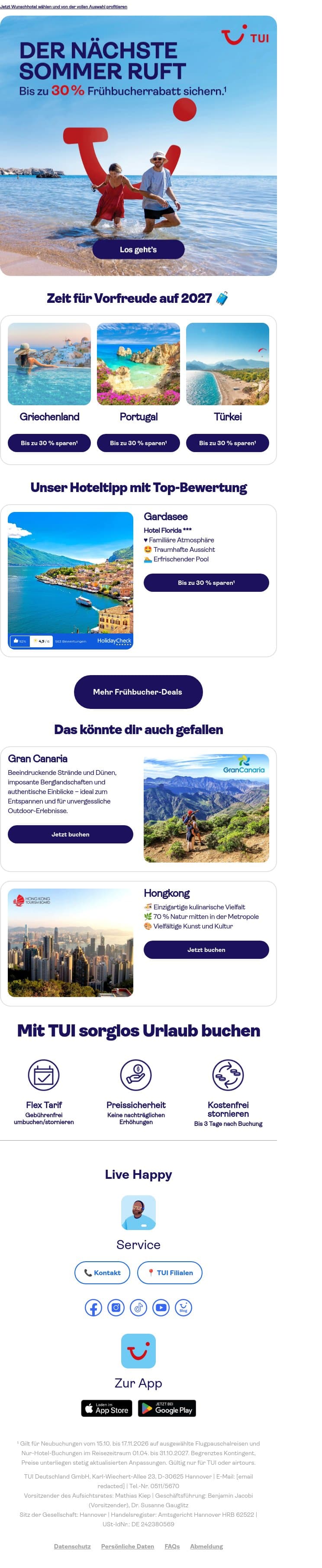 ☀️ Bis zu 30 % Frühbucherrabatt¹ für Sommer 2027 email from TUI screenshot
