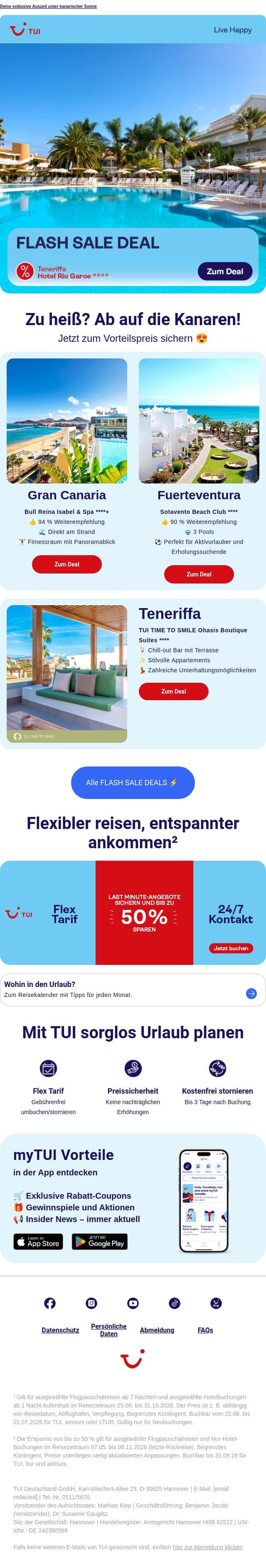 ⚡FLASH SALE: 7 Nächte Kanaren ab 499 € p. P¹ email from TUI screenshot