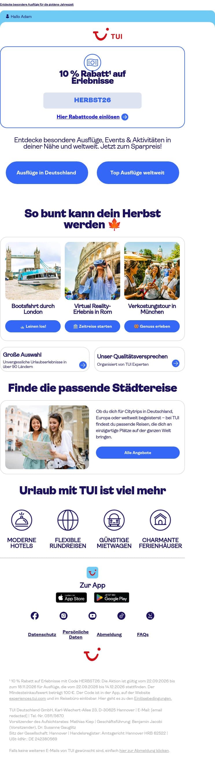 Adam, dein Herbst-Trip wartet mit 10 % Rabatt¹ 🍂 email from TUI screenshot