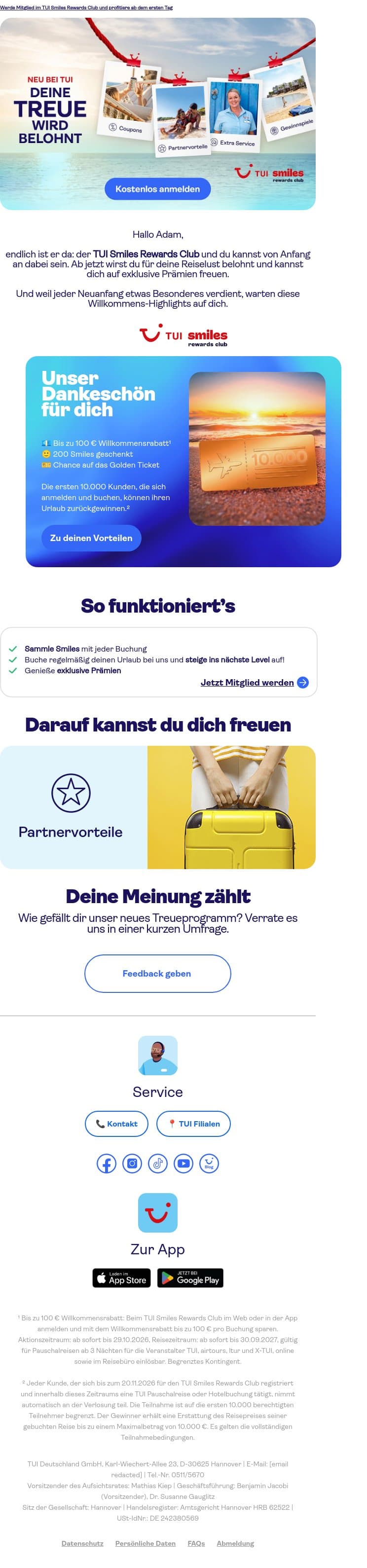 Adam, TUI Treue zahlt sich jetzt aus! email from TUI screenshot