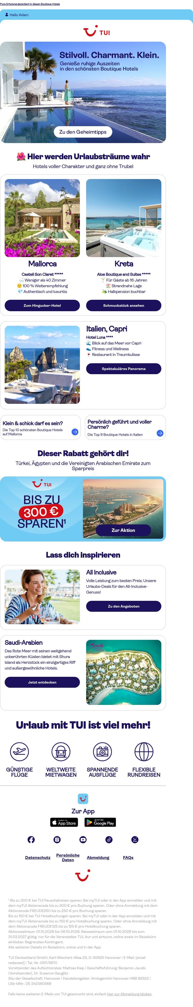 Adam, schau dir diese Schmuckstücke an ... email from TUI screenshot