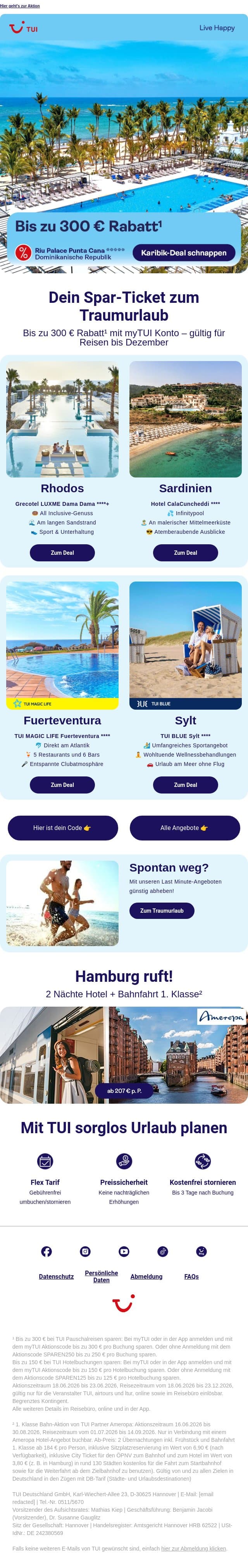 Hurra 🎉 Bis zu 300 € auf Traumreisen sparen¹ email from TUI screenshot
