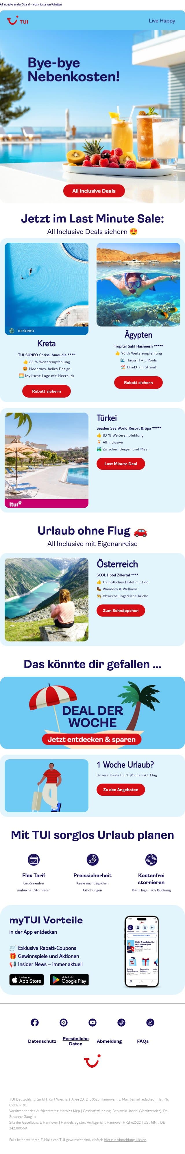 Lust auf sorglos? Wir packen Drinks, Snacks & Spaß in deinen All Inclusive Urlaub. email from TUI screenshot