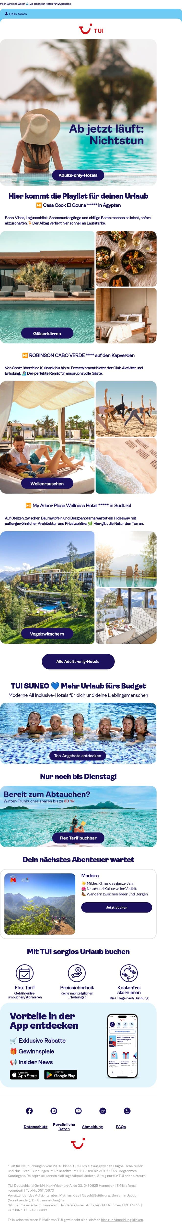 Hier hörst du nur deine Lieblingsgeräusche, Adam email from TUI screenshot