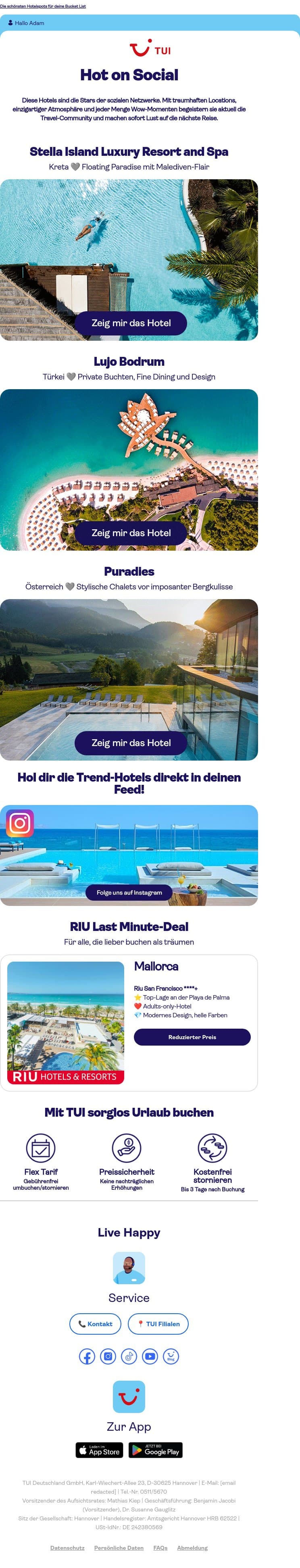 Hier entstehen die Urlaubsbilder, die gerade alle liken. email from TUI screenshot