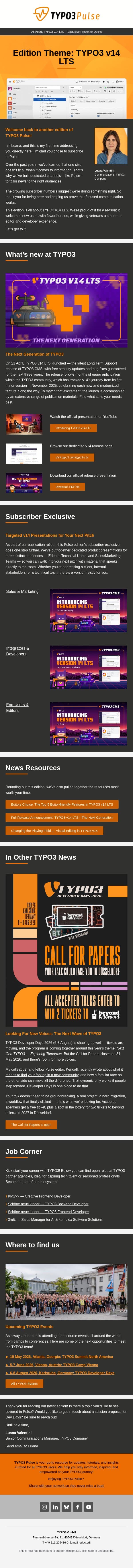 All About TYPO3 v14 LTS + Exclusive Presenter Decks email from TYPO3 screenshot