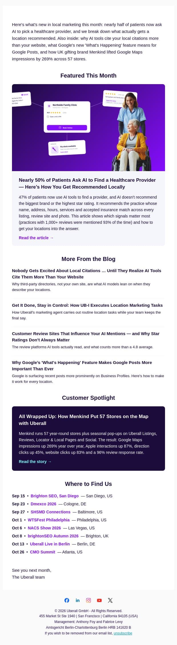 How Menkind lifted Google Maps impressions by 269% across 57 stores email from Uberall screenshot