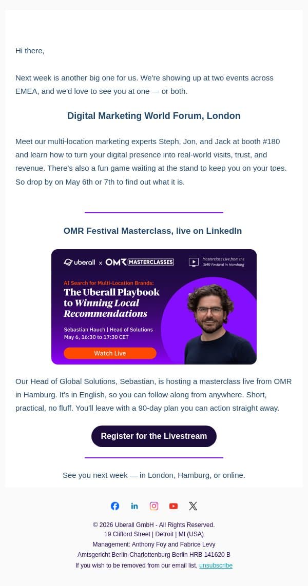 Catch us next week at DMWF and on the OMR livestream email from Uberall screenshot