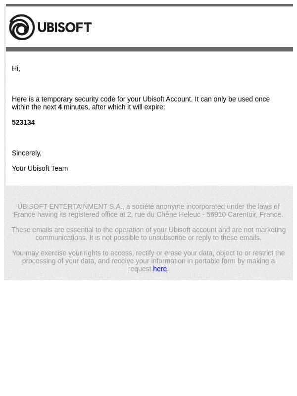 Ubisoft Account Security Code email from Ubisoft screenshot
