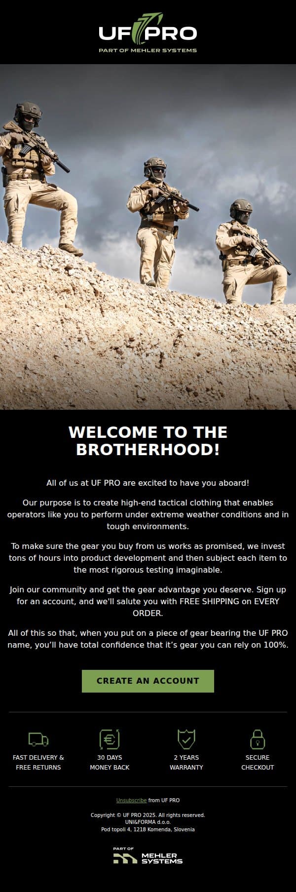 Welcome to the brotherhood email from UF PRO screenshot