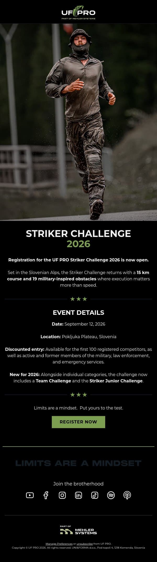 Striker Challenge 2026 | Registration Now Open email from UF PRO screenshot