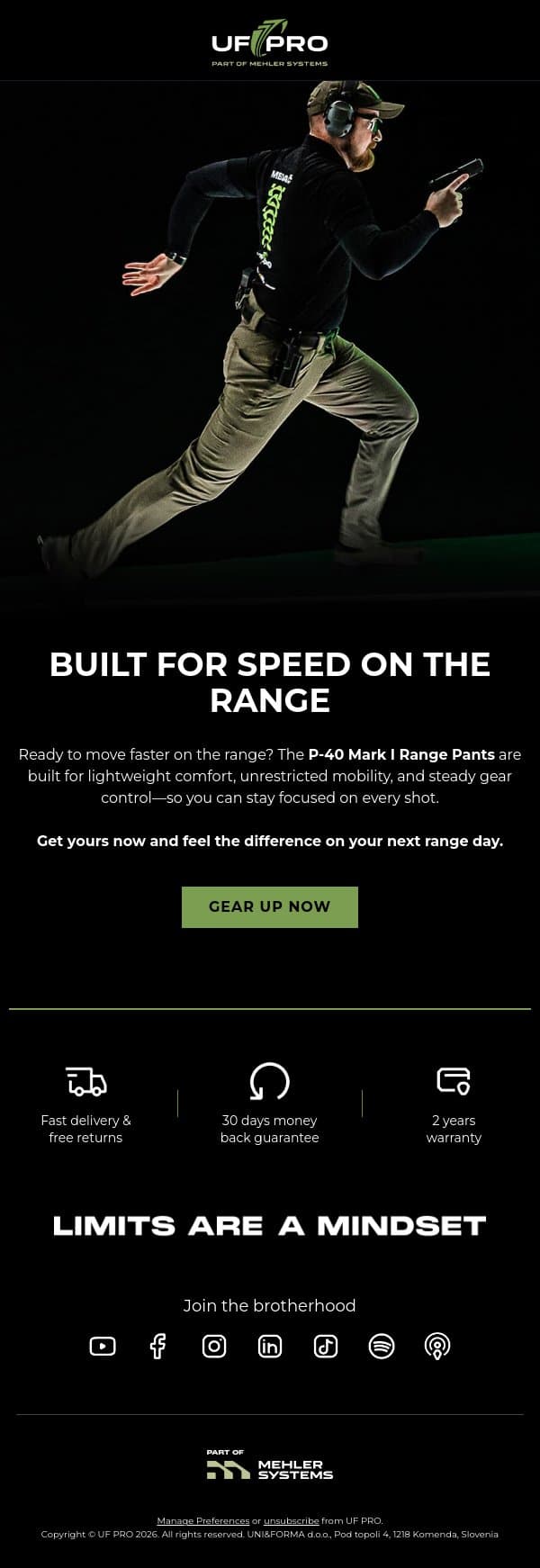 Range Pants Built to Move Faster email from UF PRO screenshot