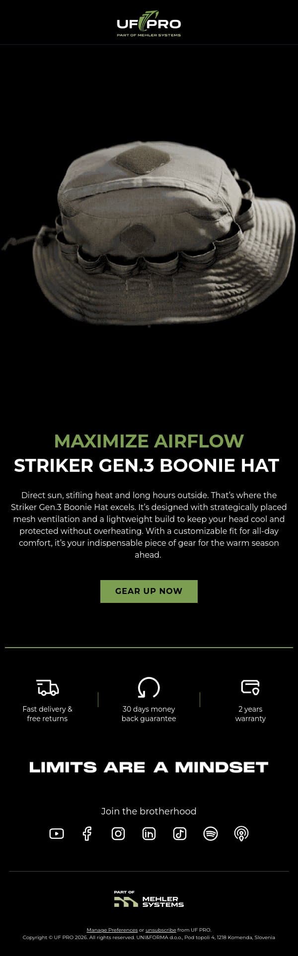 Beat the Heat with Purpose-Built Headgear email from UF PRO screenshot