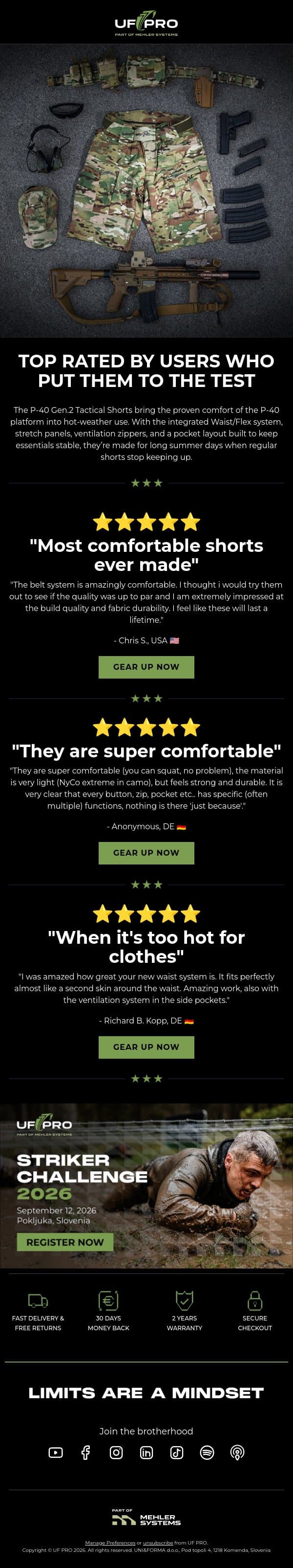 Real Feedback: P-40 Gen.2 Shorts Reviewed email from UF PRO screenshot