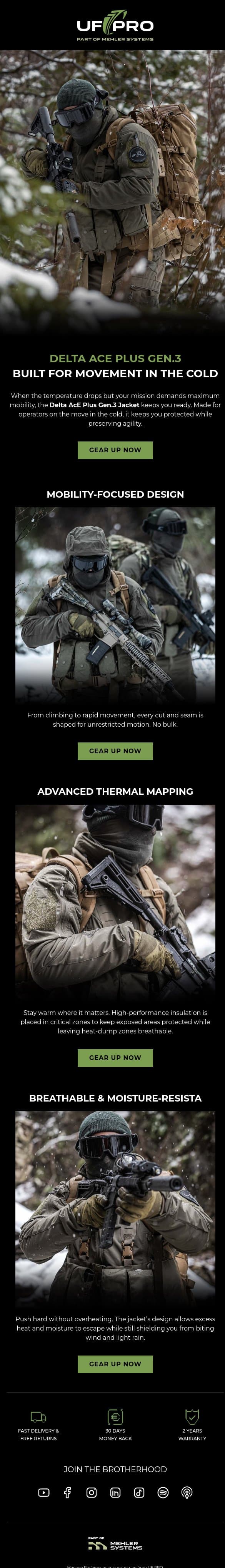 Conquer the cold with Delta AcE Plus Gen.3 Jacket email from UF PRO screenshot