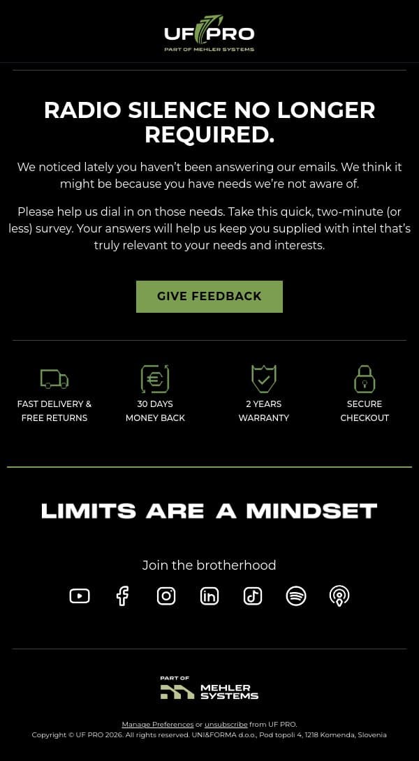 Let us know how we can make you happier email from UF PRO screenshot