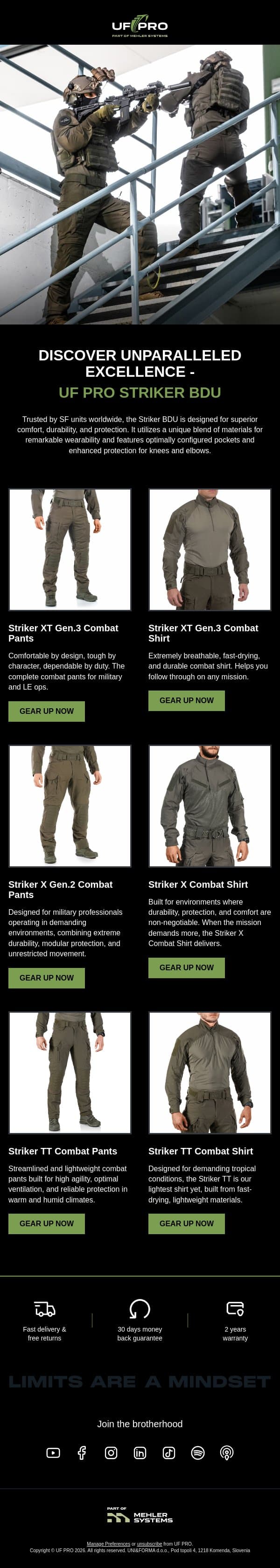Experience the Gear Trusted by SF Units: UF PRO Striker BDU email from UF PRO screenshot