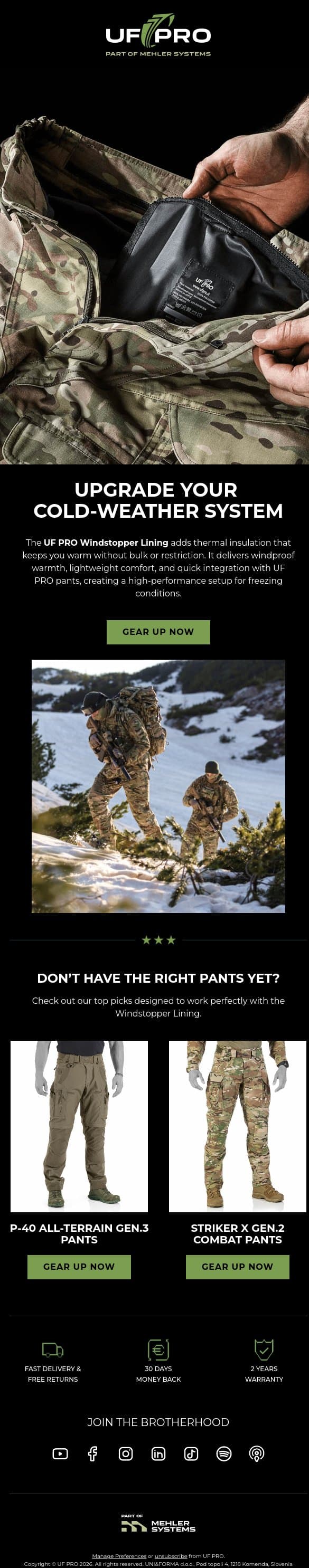 Upgrade Your Pants With Our Windstopper Lining email from UF PRO screenshot