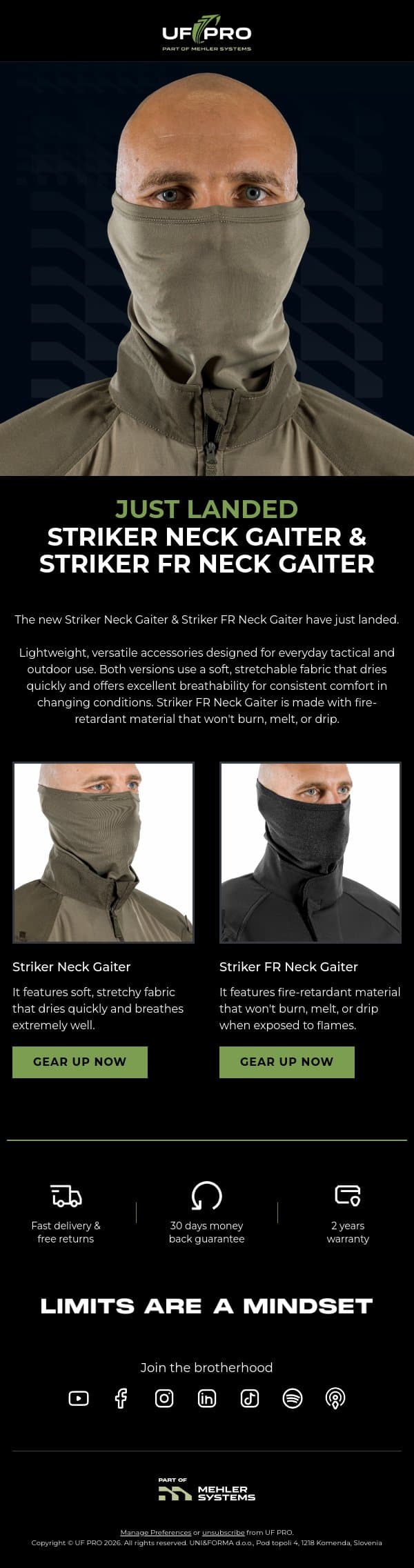 📣 JUST LANDED: Striker Neck Gaiter & Striker FR Neck Gaiter email from UF PRO screenshot
