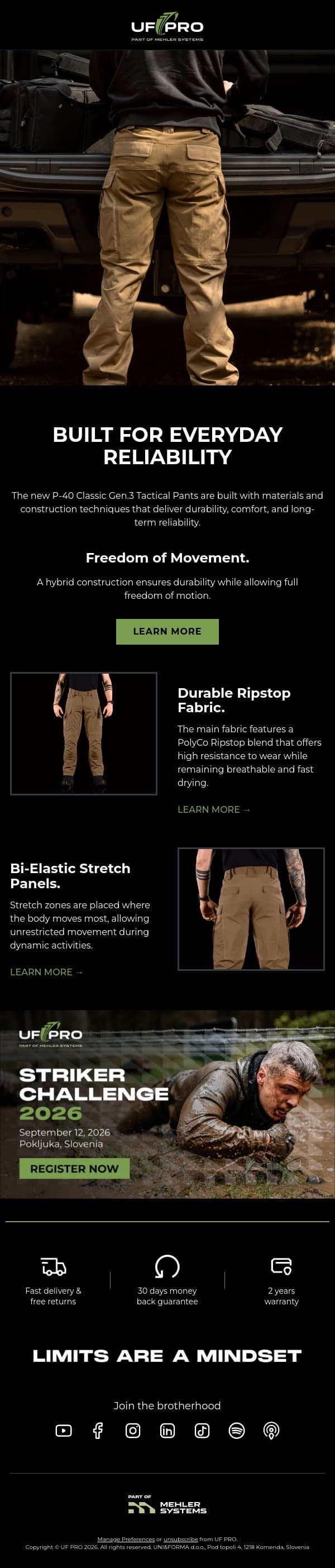 The New P-40 Classic Gen.3 Pants are Build For Everyday Reliability email from UF PRO screenshot