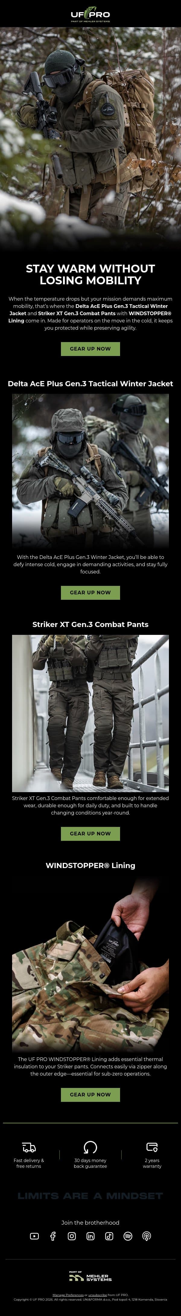 Stay Mission-Ready in Freezing Conditions email from UF PRO screenshot