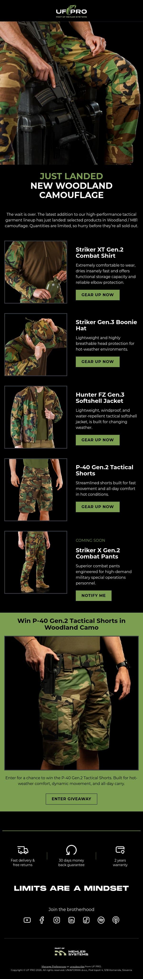 📣 JUST LANDED: Selected products in Woodland Camouflage email from UF PRO screenshot