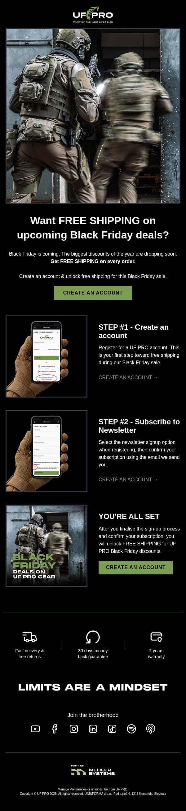 TIP: How to get FREE SHIPPING on upcoming Black Friday discounts? email from UF PRO screenshot