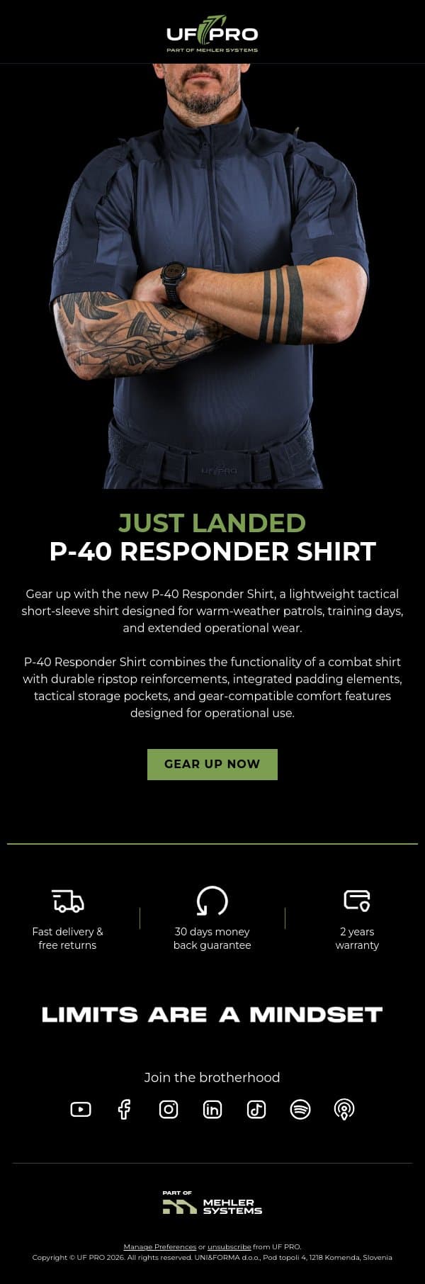 📣 JUST LANDED: P-40 Responder Shirt email from UF PRO screenshot