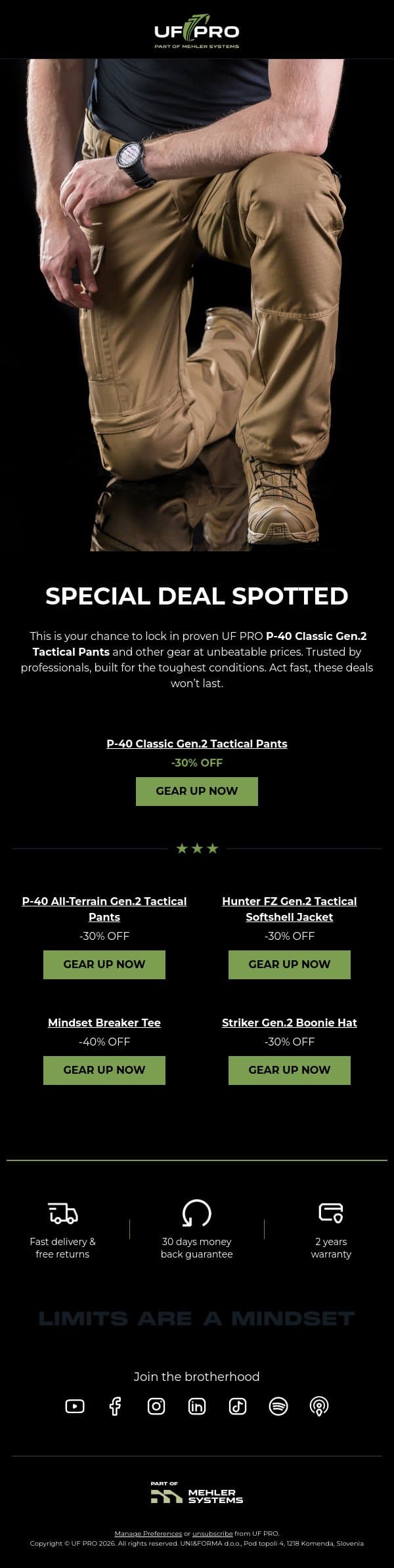 Up to 40% OFF on Selected Gear 👀 email from UF PRO screenshot
