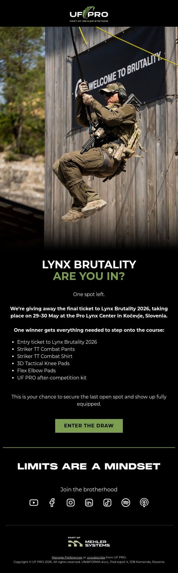 Win the last ticket to Lynx Brutality 2026 email from UF PRO screenshot