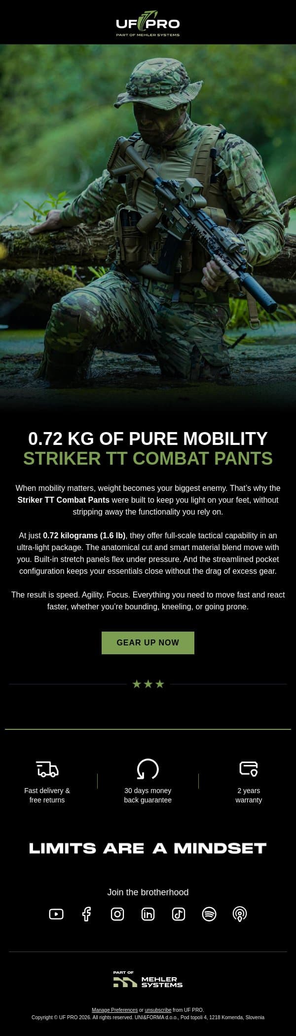 These Combat Pants Weigh Less than A Bottle of Water email from UF PRO screenshot