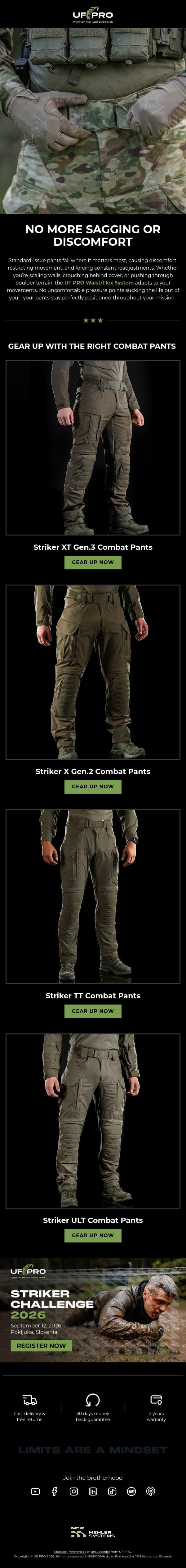 Standard issue combat pants won’t cut it email from UF PRO screenshot