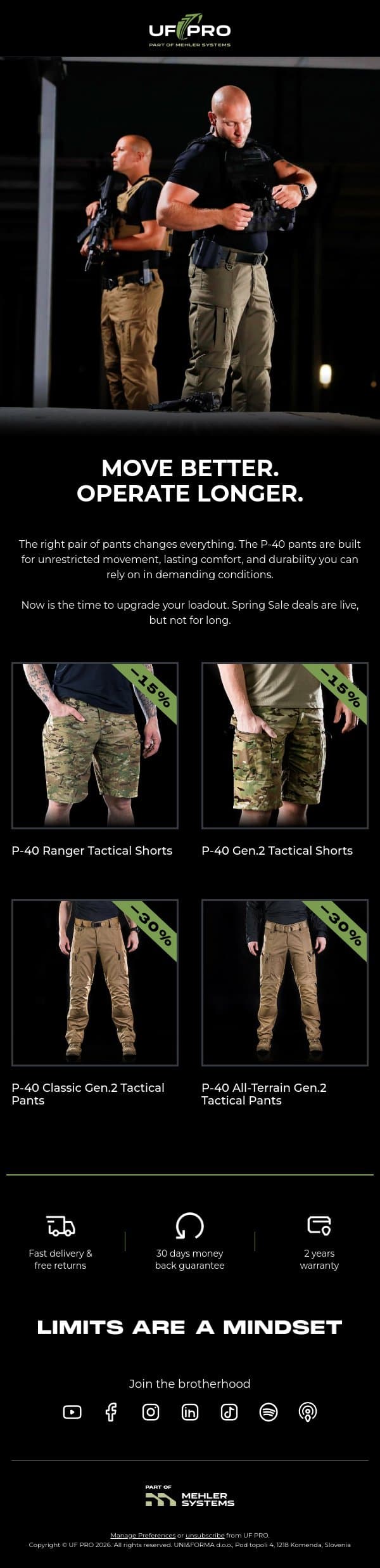 Up to 30% OFF on Select P-40 Pants This Spring email from UF PRO screenshot