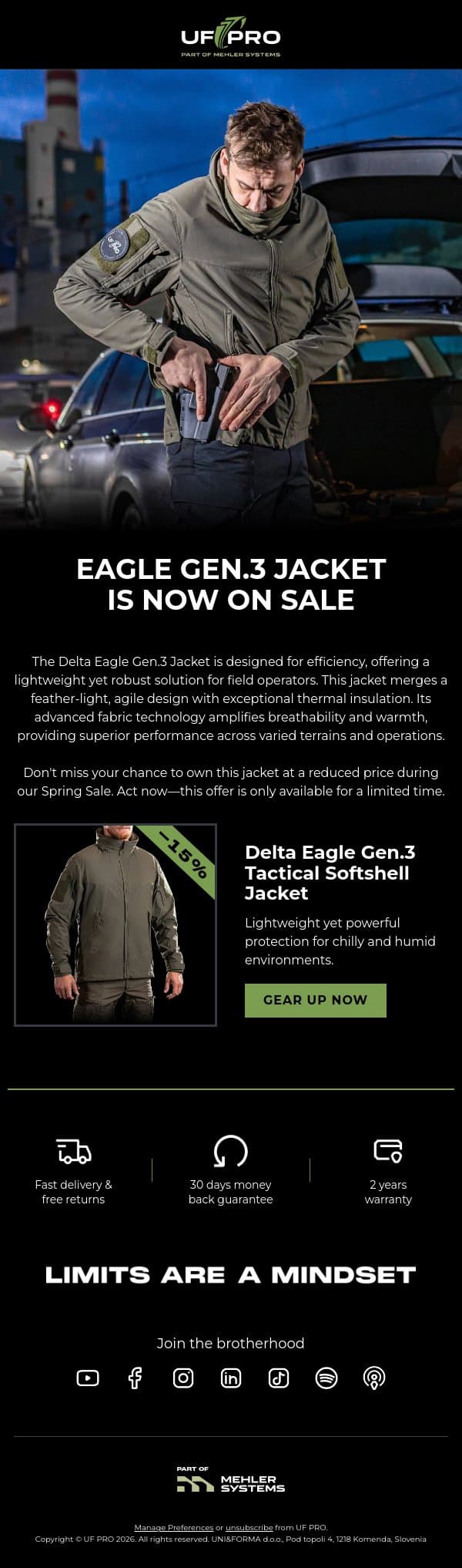 The Eagle Gen.3 Jacket is on Sale email from UF PRO screenshot