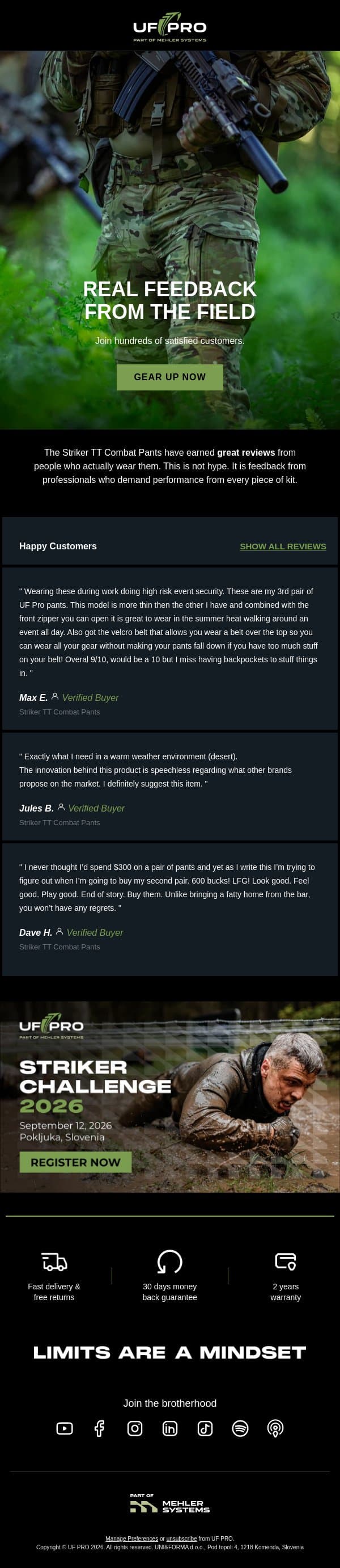 Real Feedback from Our Customers for Striker TT Combat Pants email from UF PRO screenshot