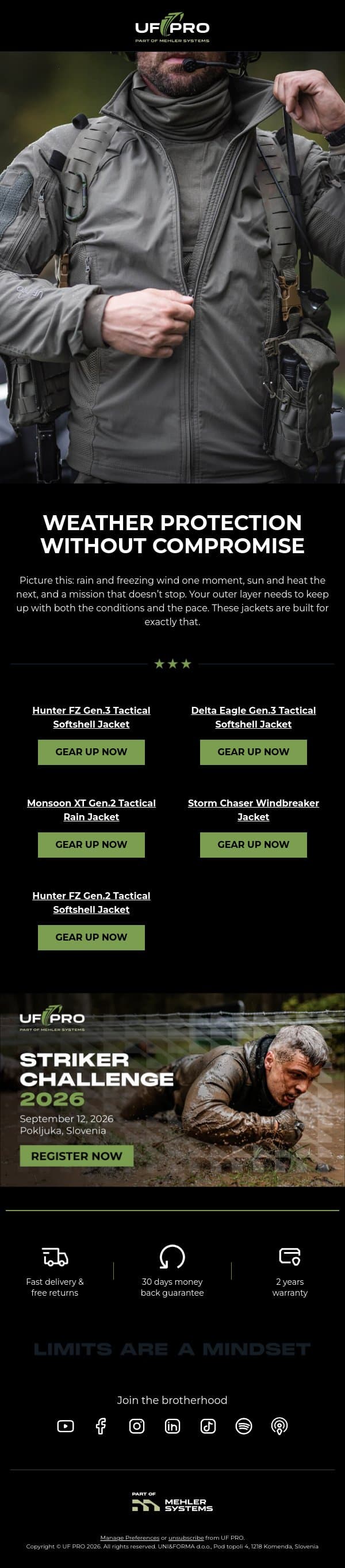 Your Jacket Shouldn’t Slow You Down email from UF PRO screenshot